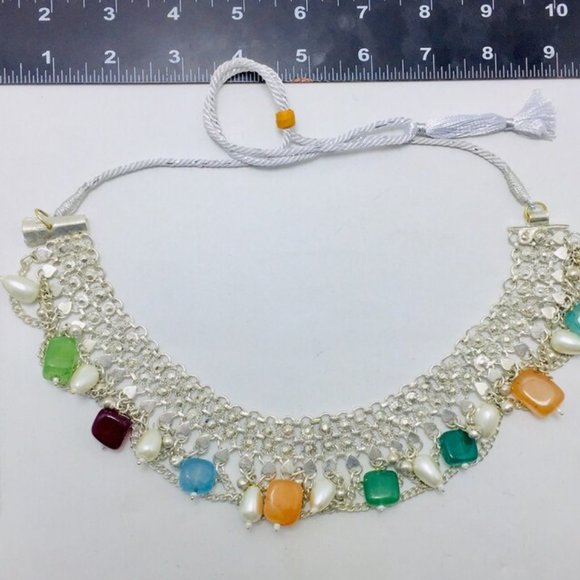 Silver Kuchi Choker Necklace With Multicolor Stones and Pearls - Picture 10 of 13